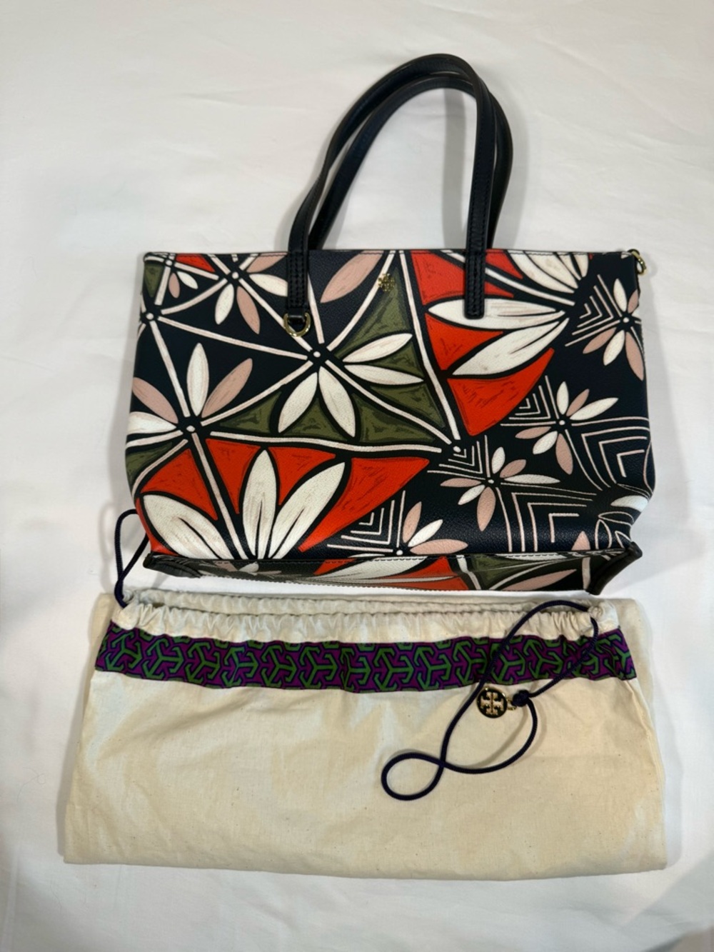 Tory Burch Navy Floral Geo Tote with Red and Olive Accents - Picture 7 of 9